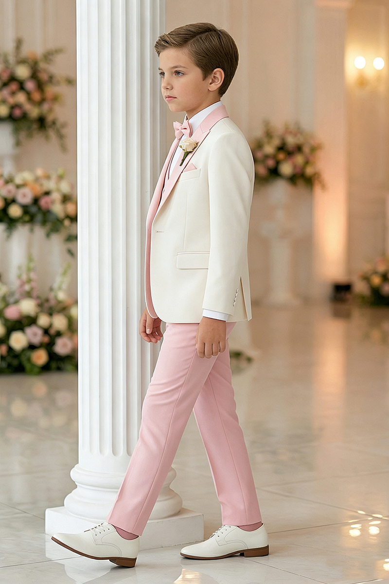 Boys Ivory & Pink Tuxedoe 3-Piece Suit