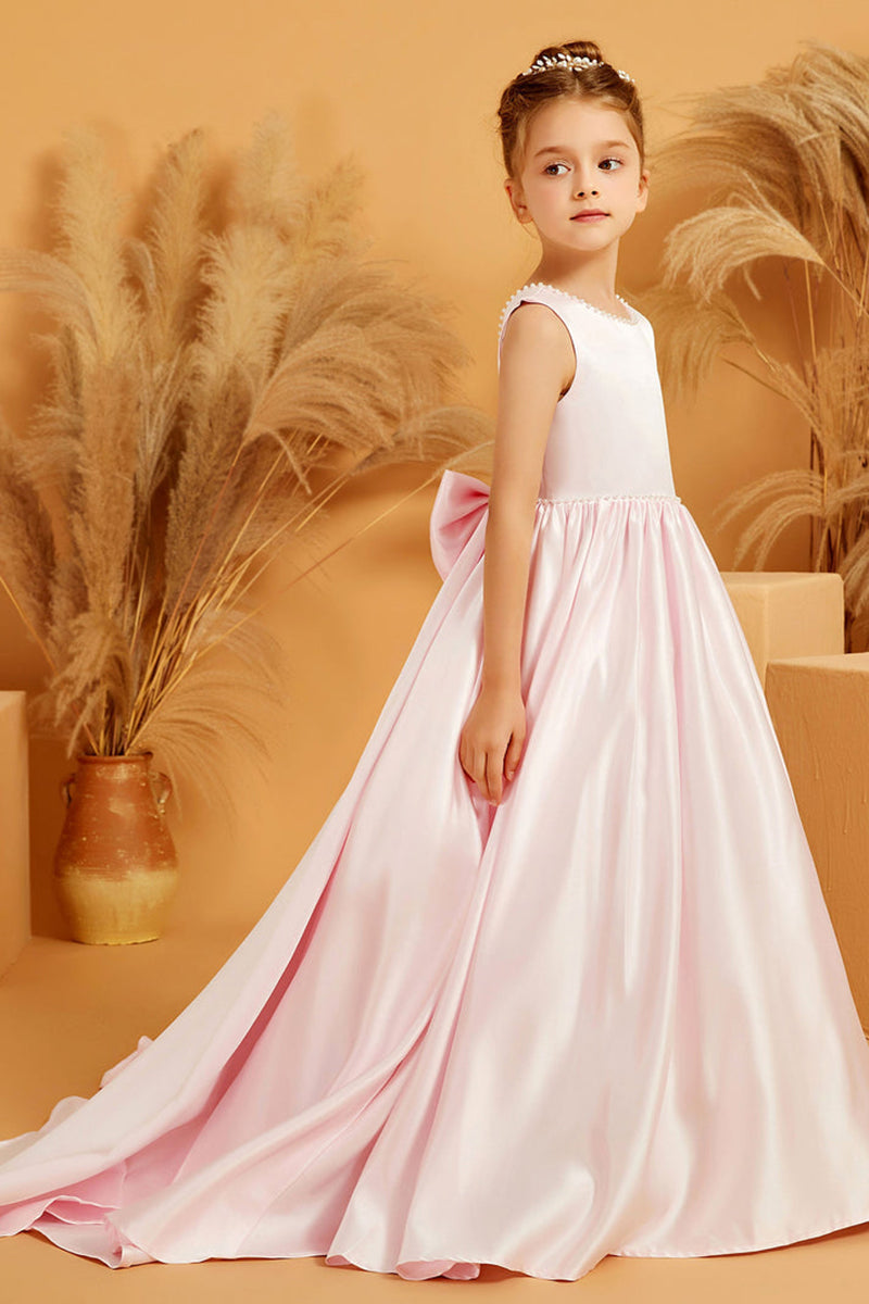 Blush Pink Satin Flower Girl Dress with Train Flower Girl Dress