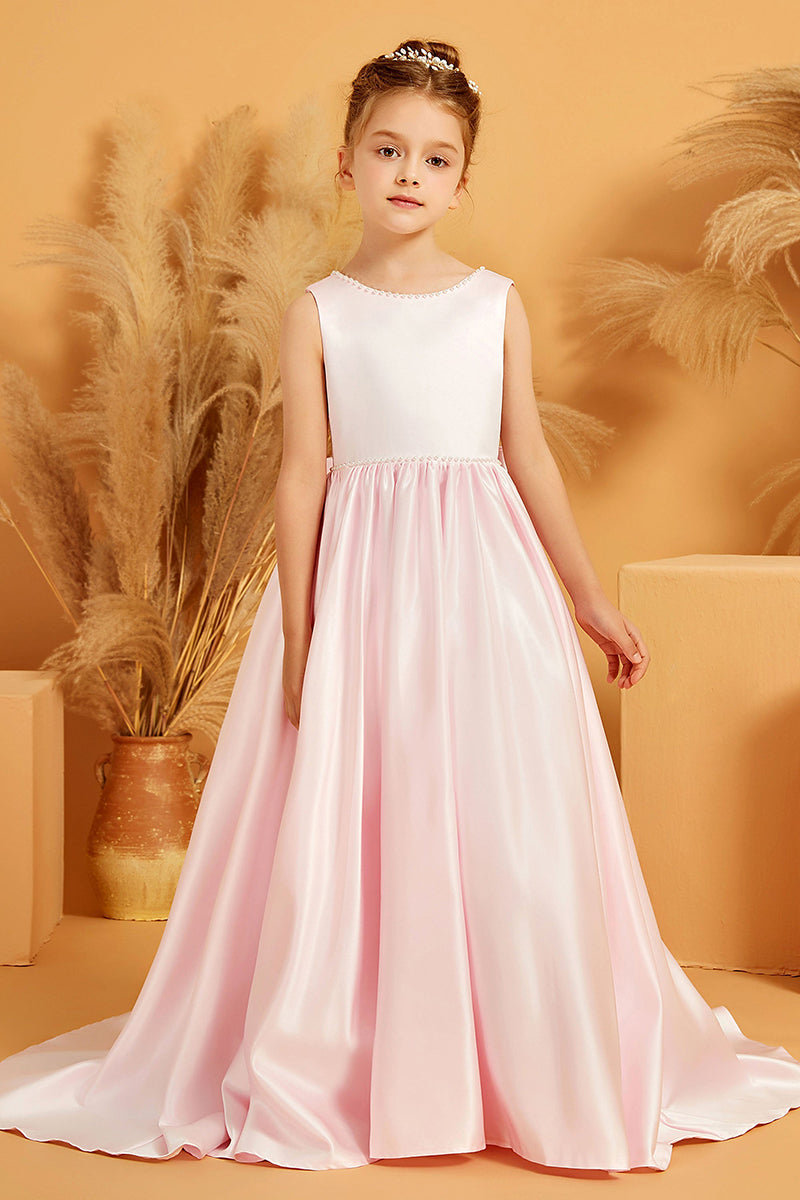 Blush Pink Satin Flower Girl Dress with Train Flower Girl Dress