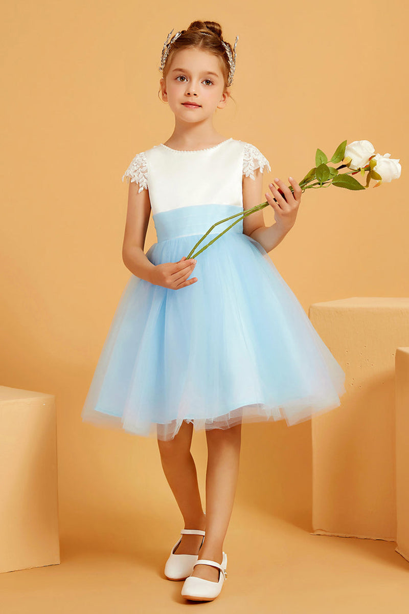 White & Sky Blue Tulle Flower Girl Dress