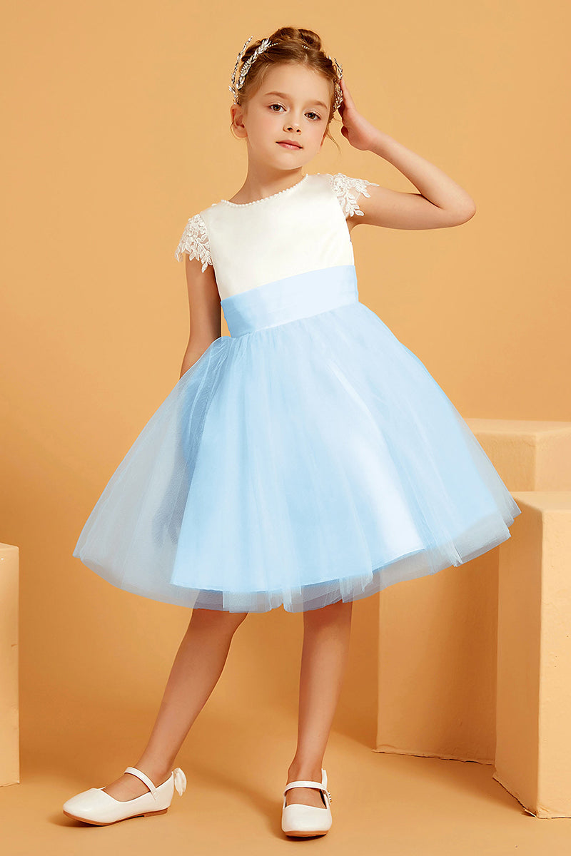 White & Sky Blue Tulle Flower Girl Dress