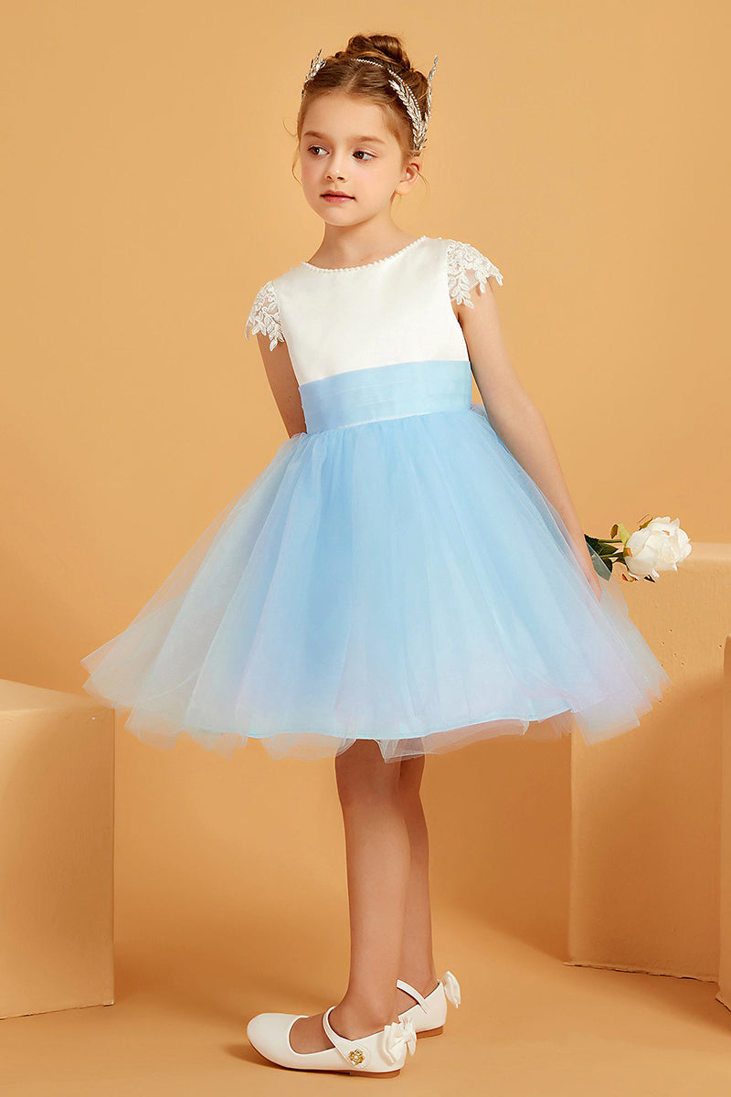 White & Sky Blue Tulle Flower Girl Dress