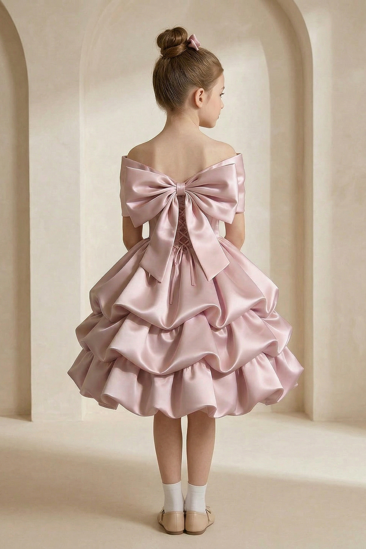 Pink Satin Bow Off-Shoulder Cake Dress