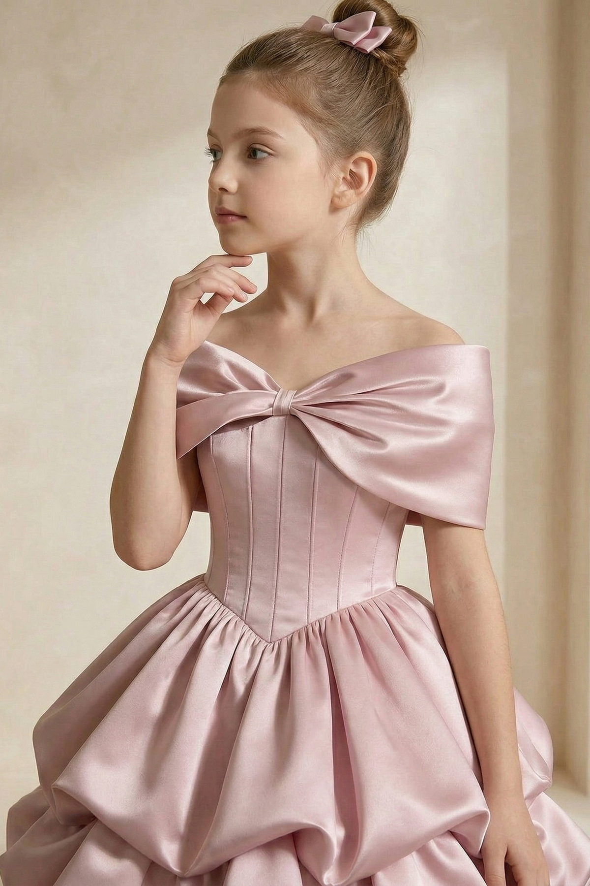 Pink Satin Bow Off-Shoulder Cake Dress
