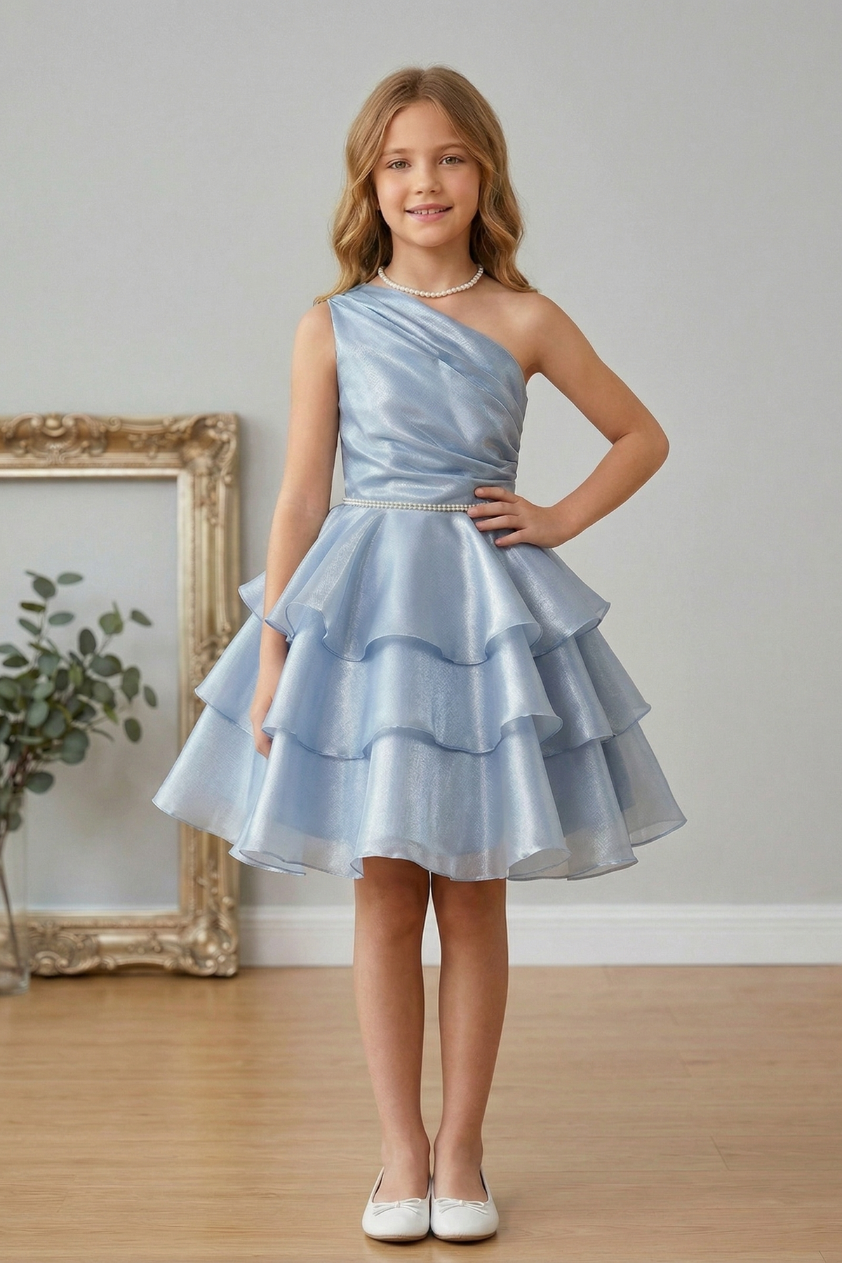 Blue Organza Pearl One-Shoulder Fitted Waist Dress
