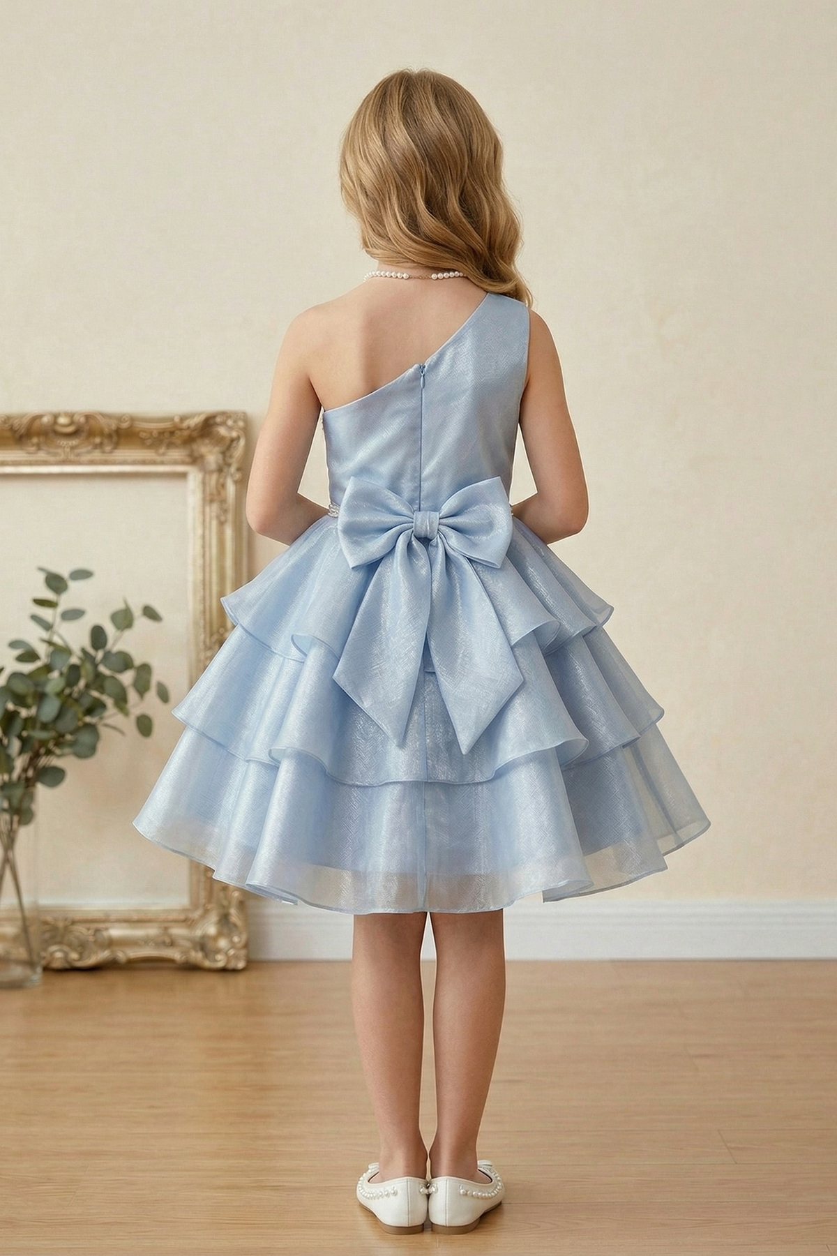 Blue Organza Pearl One-Shoulder Fitted Waist Dress