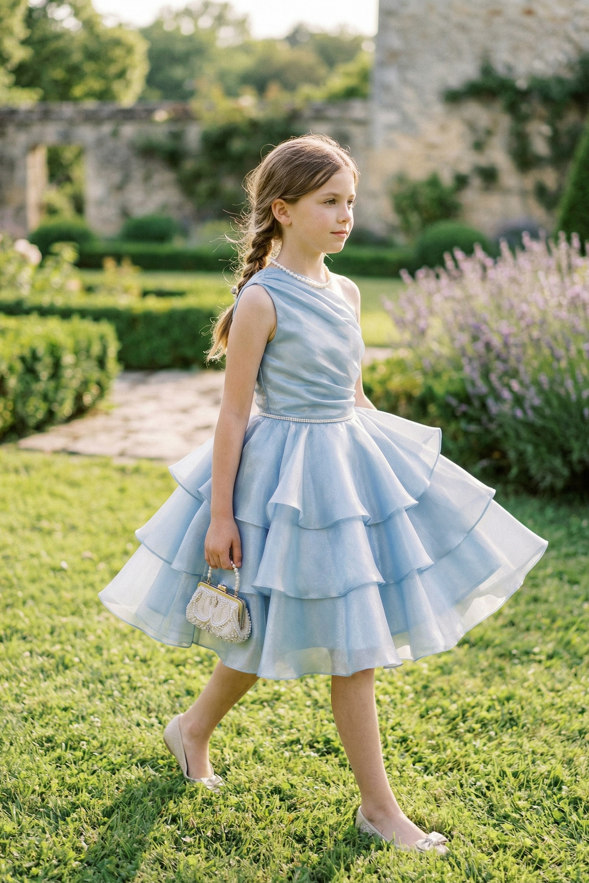 Blue Organza Pearl One-Shoulder Fitted Waist Dress