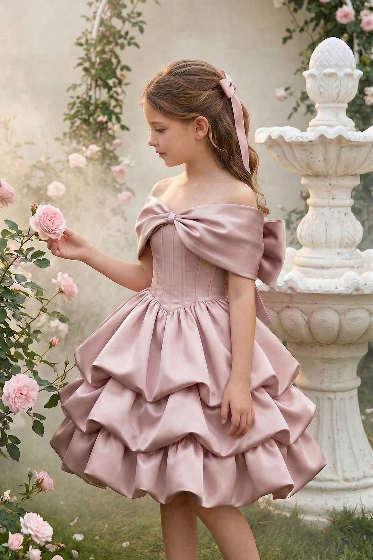 Pink Satin Bow Off-Shoulder Cake Dress