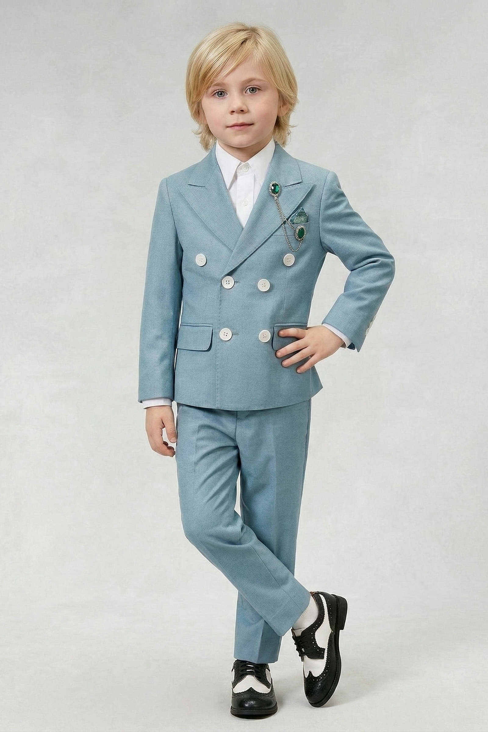 Gray-Blue Cotton And Linen Blend Double-Breasted 2-Piece Suit