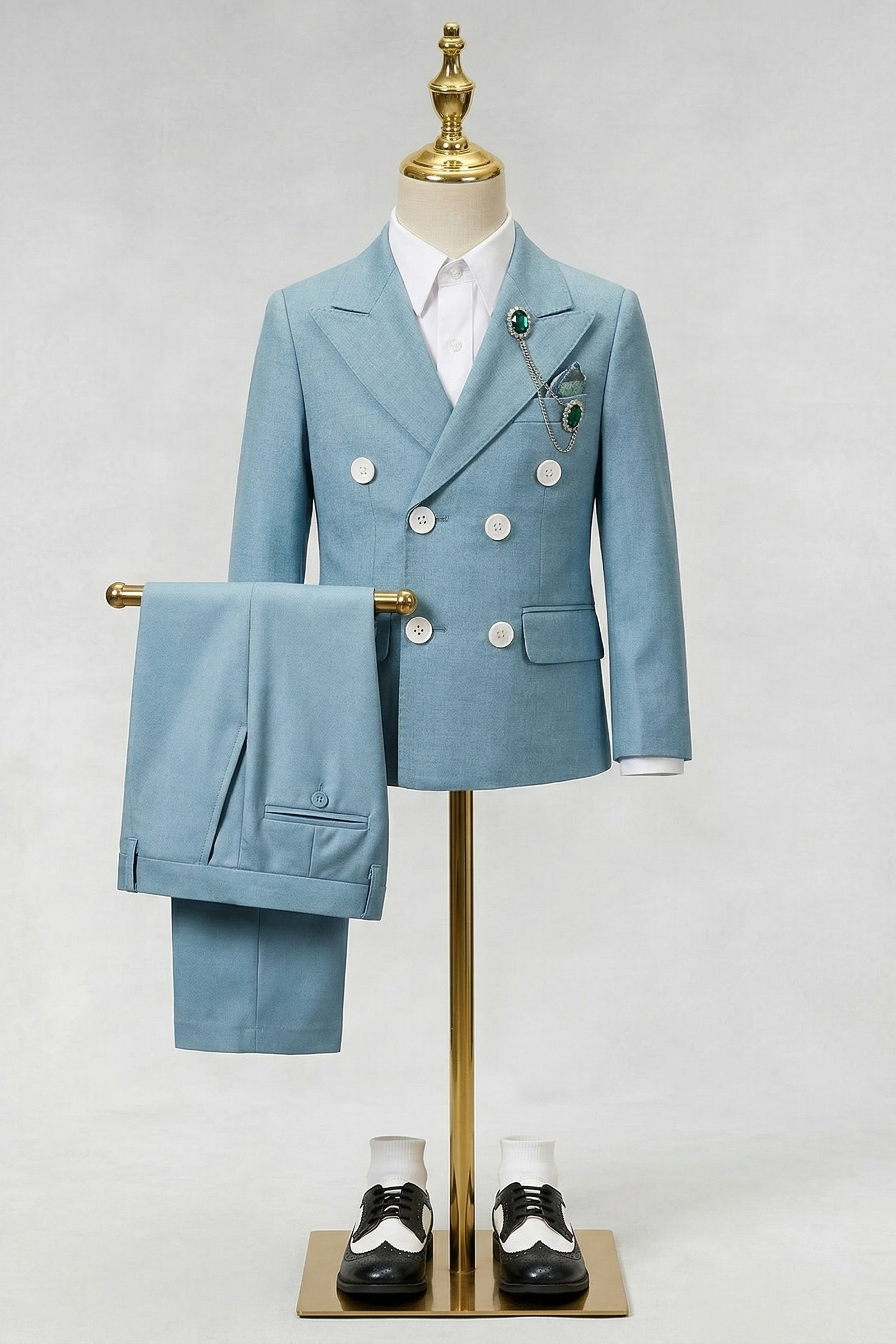 Gray-Blue Cotton And Linen Blend Double-Breasted 2-Piece Suit
