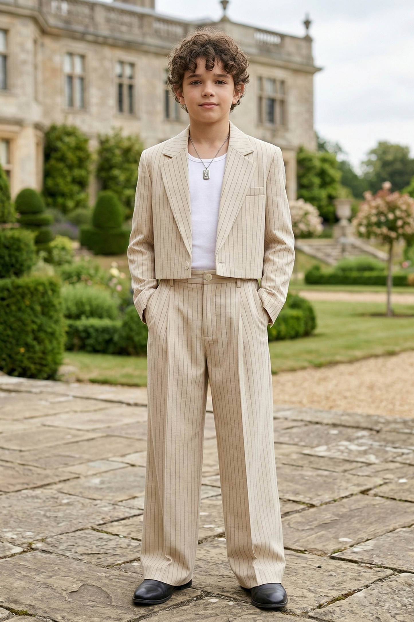 Beige Striped Cotton-Linen Blend Short 2-Piece Suit