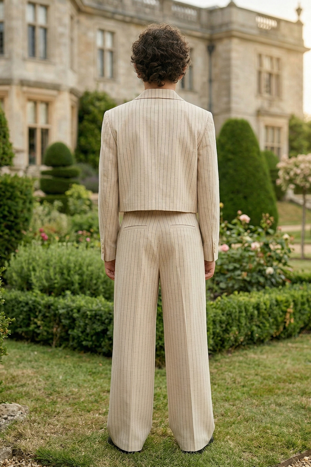 Beige Striped Cotton-Linen Blend Short 2-Piece Suit