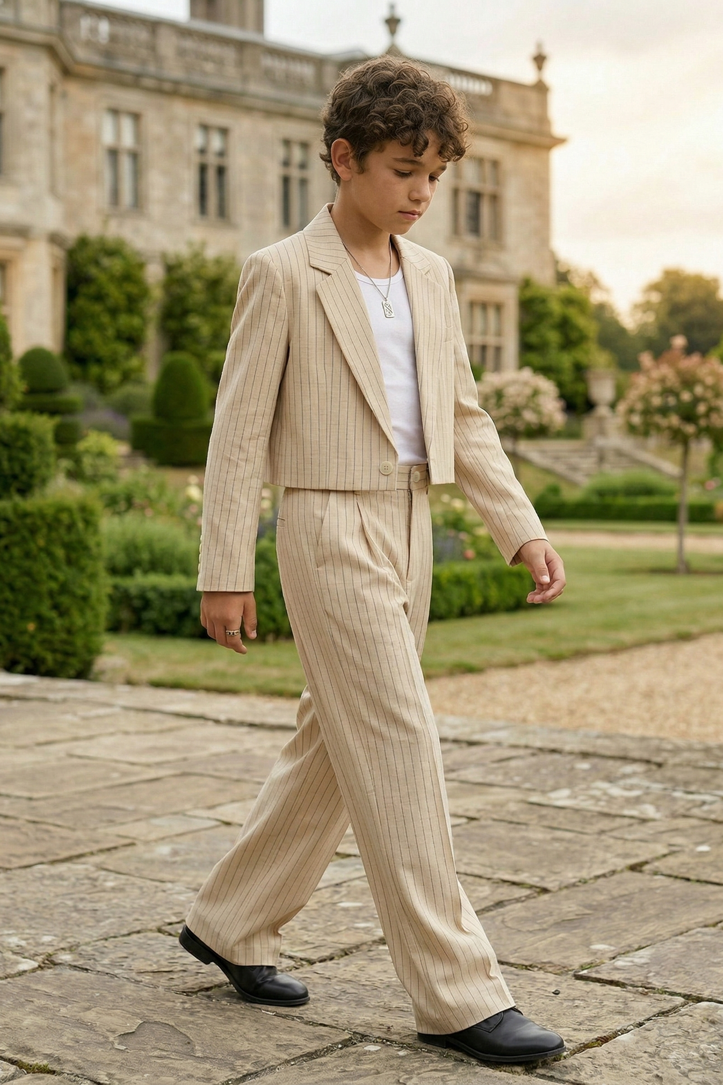 Beige Striped Cotton-Linen Blend Short 2-Piece Suit