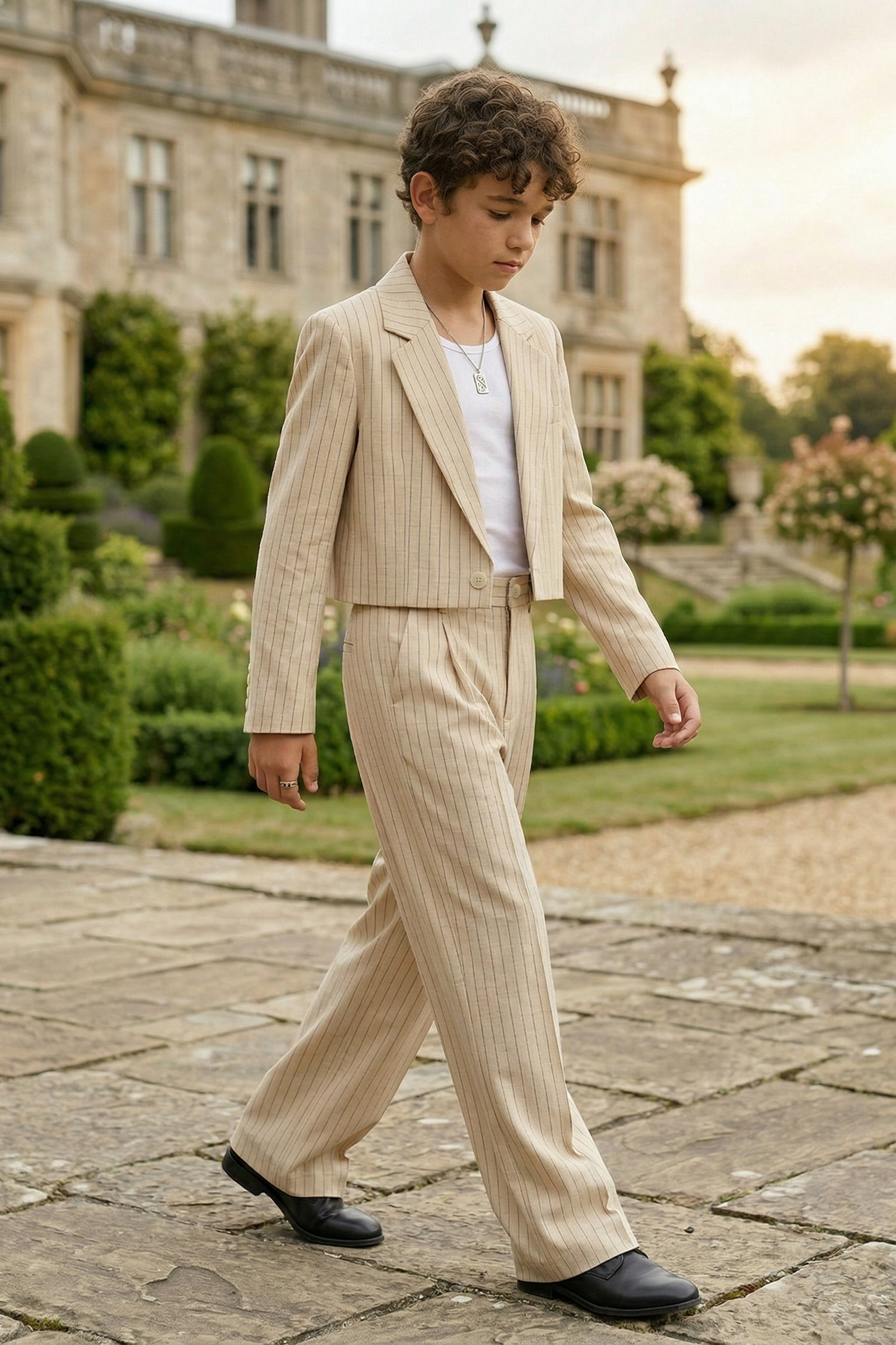 Beige Striped Cotton-Linen Blend Short 2-Piece Suit