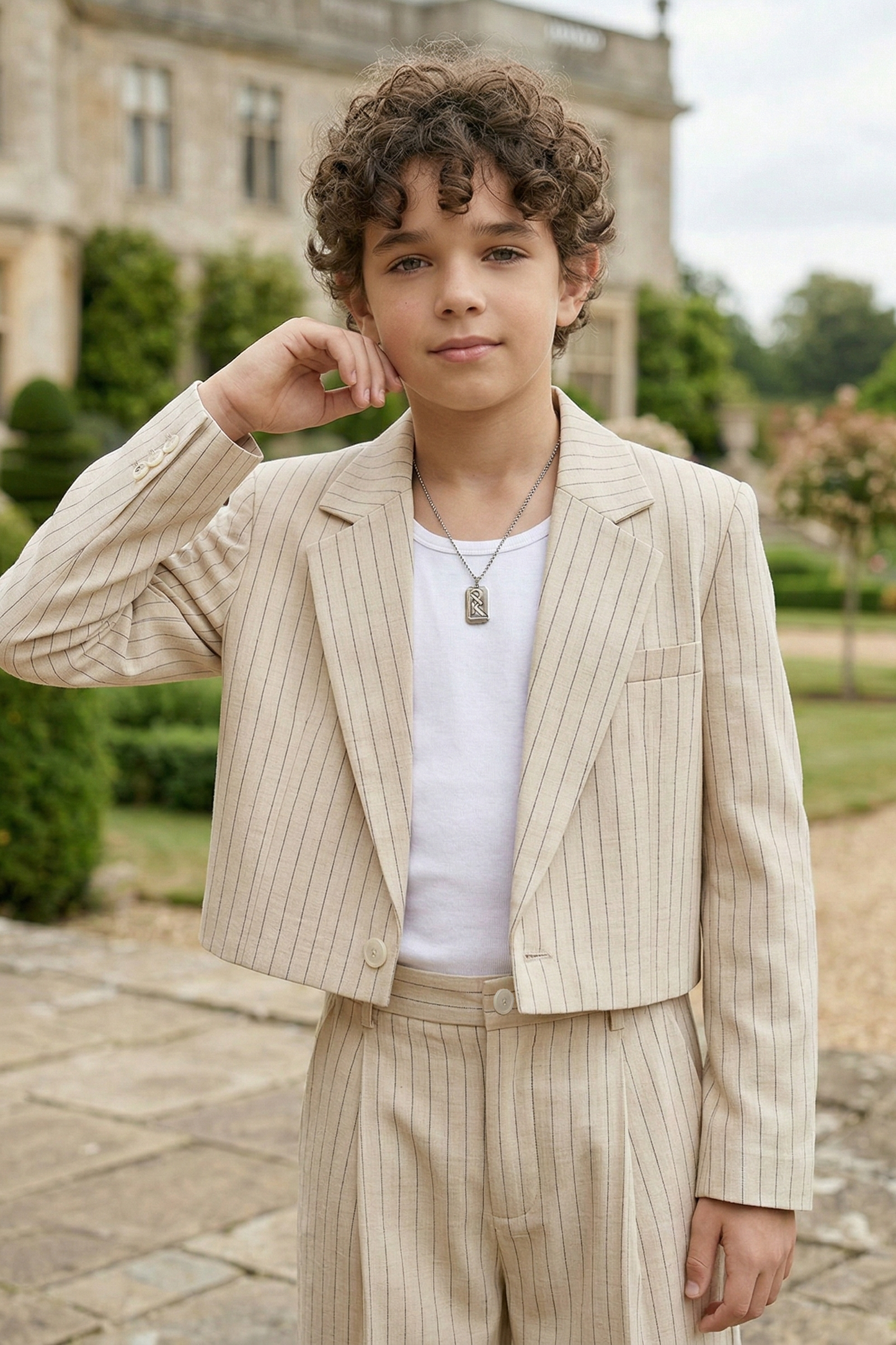 Beige Striped Cotton-Linen Blend Short 2-Piece Suit