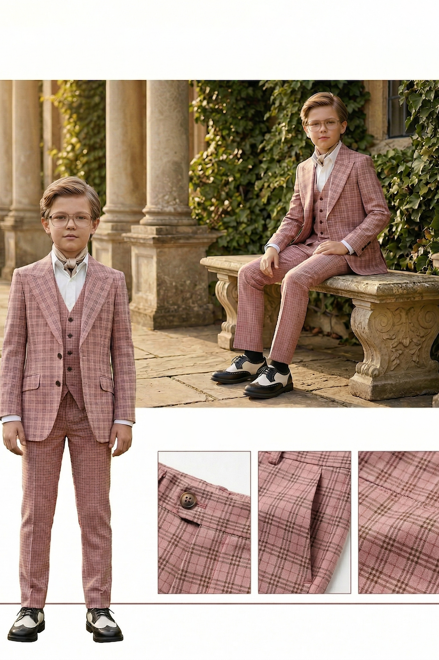 Gray-Pink Plaid Single-Breasted 3-Piece Suit