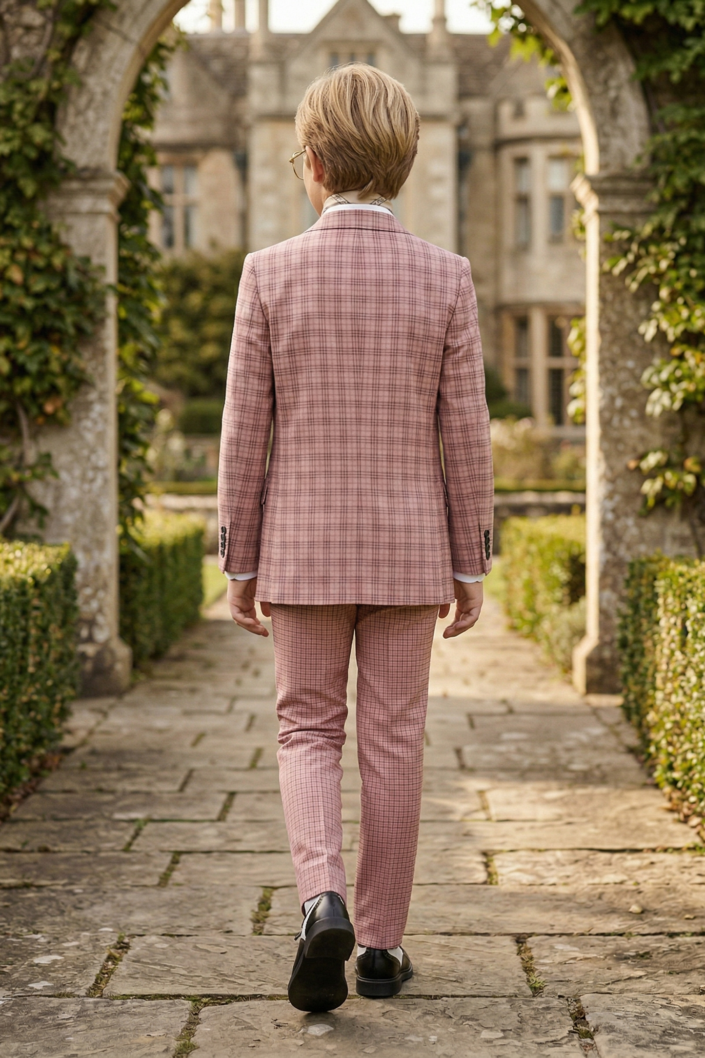 Gray-Pink Plaid Single-Breasted 3-Piece Suit