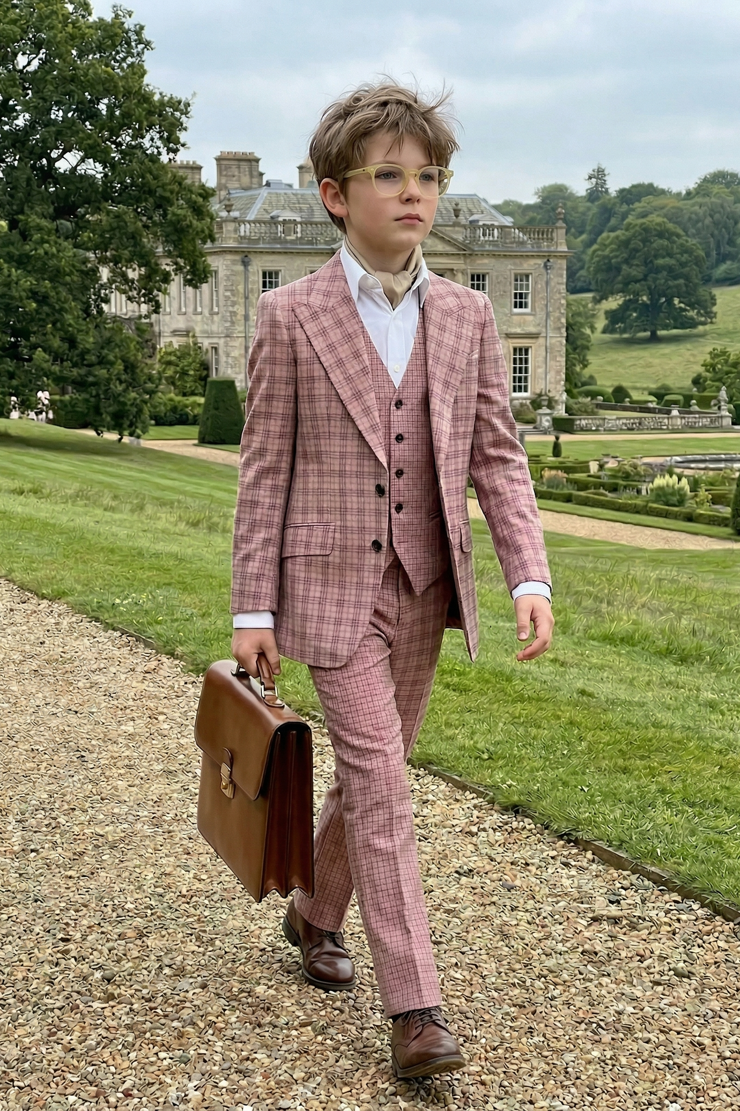 Gray-Pink Plaid Single-Breasted 3-Piece Suit