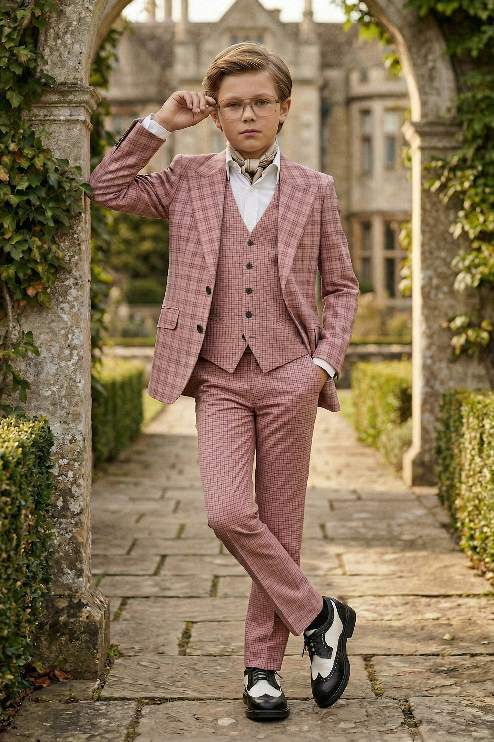 Gray-Pink Plaid Single-Breasted 3-Piece Suit