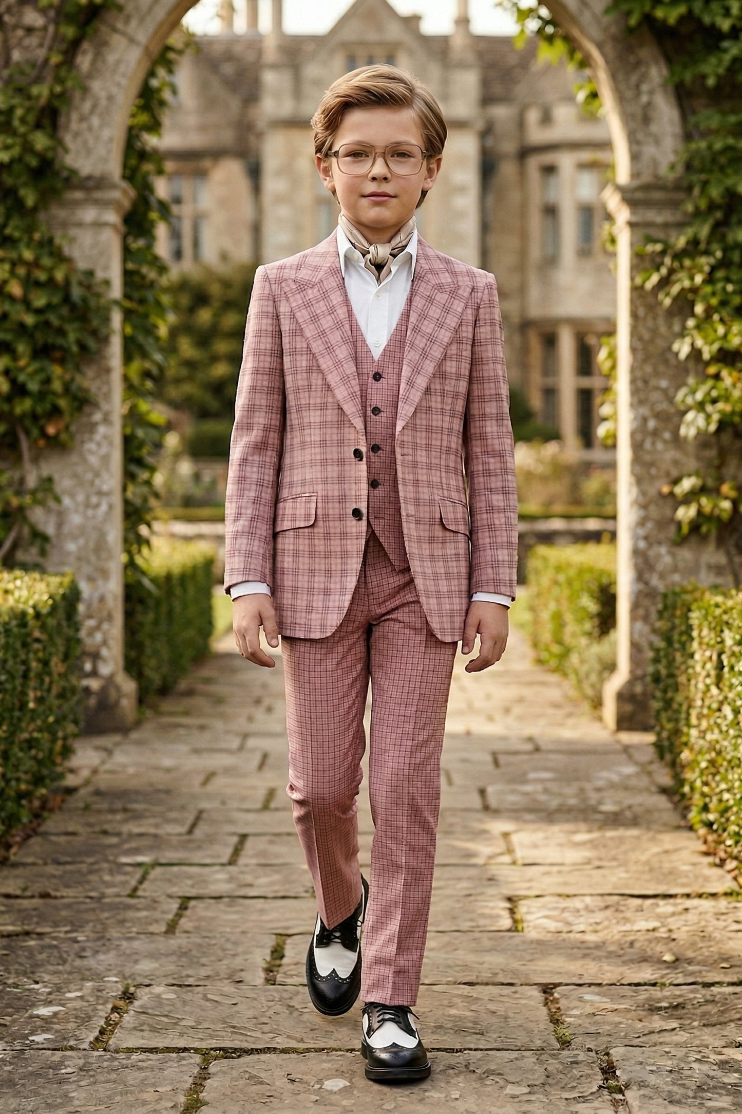 Gray-Pink Plaid Single-Breasted 3-Piece Suit