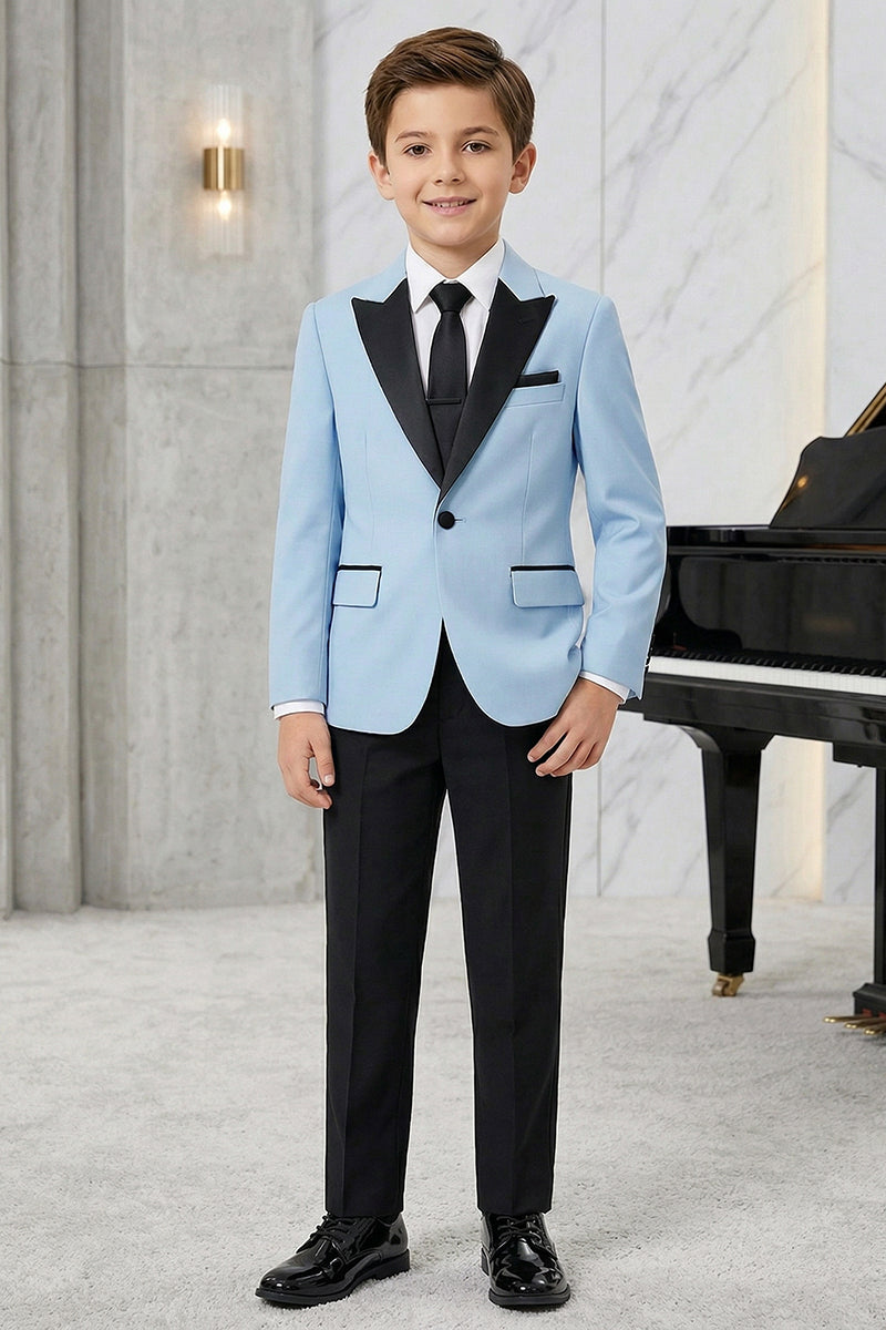 Boys Sky Blue Tuxedo Jacket with Black Satin Lapels 2-piece Suit