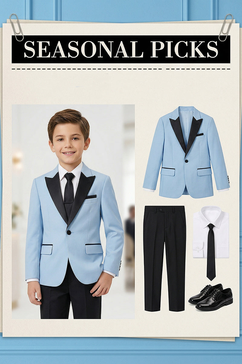 Boys Sky Blue Tuxedo Jacket with Black Satin Lapels 2-piece Suit