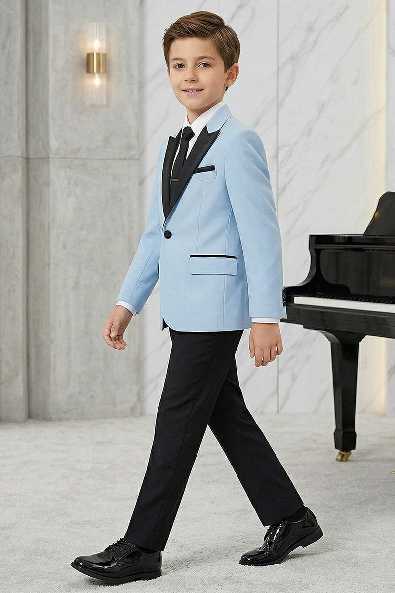 Boys Sky Blue Tuxedo Jacket with Black Satin Lapels 2-piece Suit