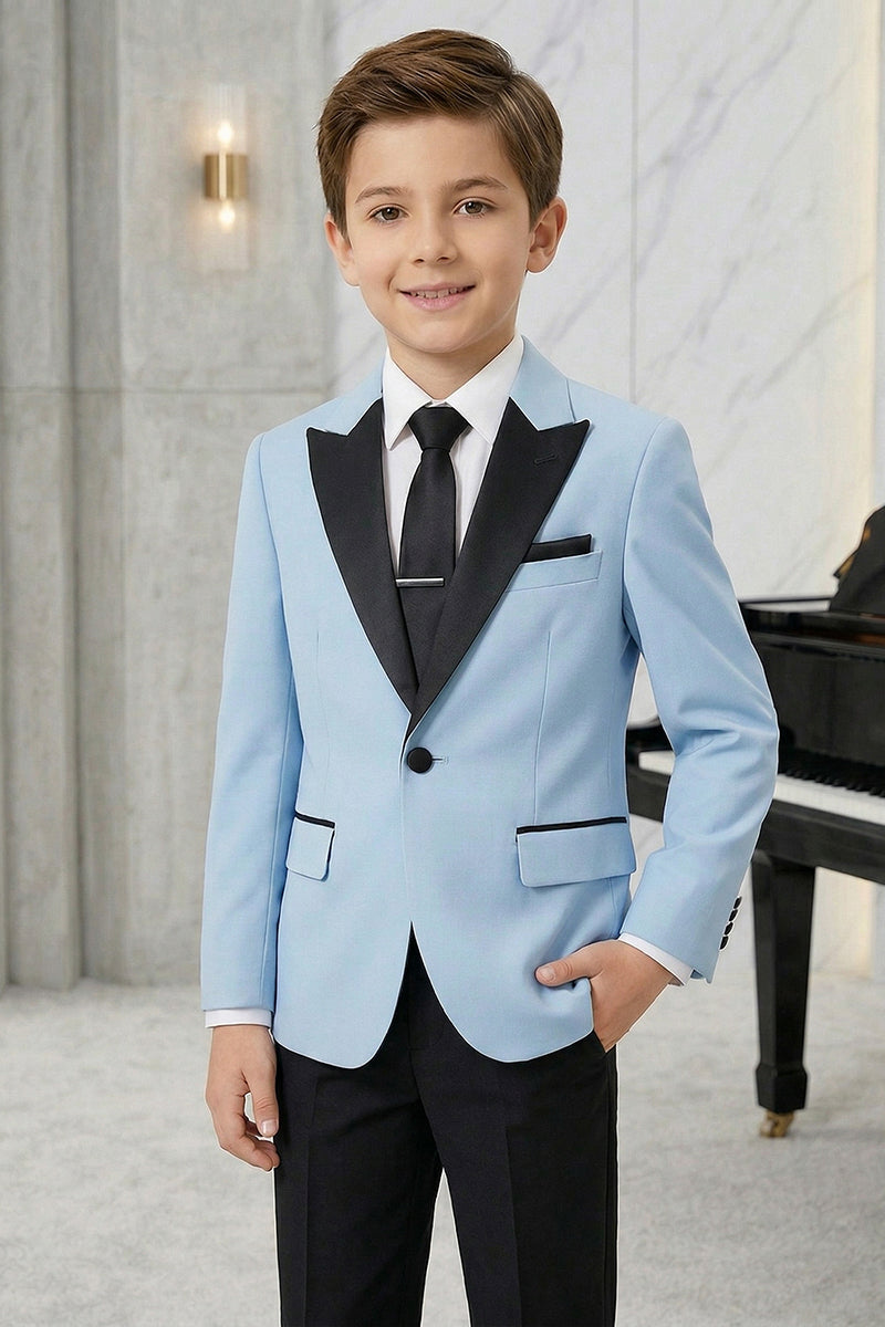 Boys Sky Blue Tuxedo Jacket with Black Satin Lapels 2-piece Suit