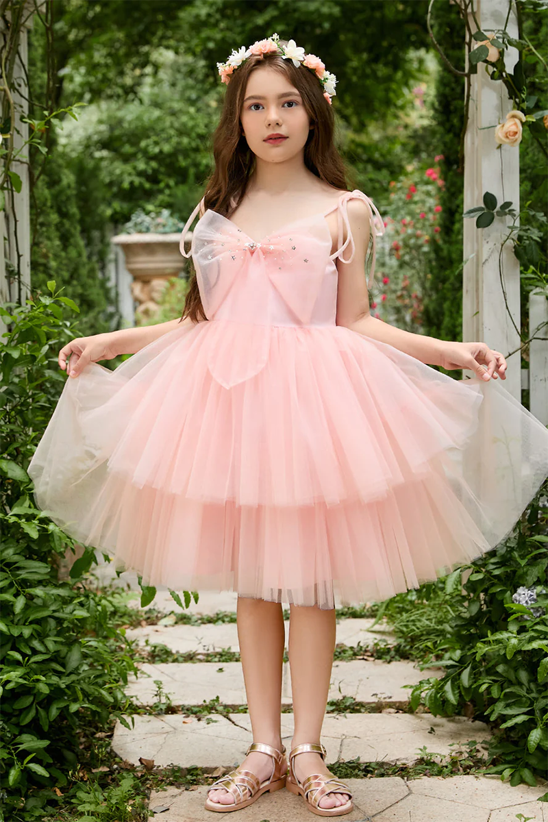 Blush Pink Tiered Tulle Flower Girl Dress with Bow for Garden Weddings
