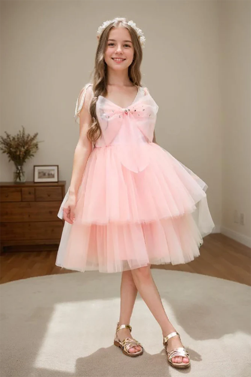 Blush Pink Tiered Tulle Flower Girl Dress with Bow for Garden Weddings