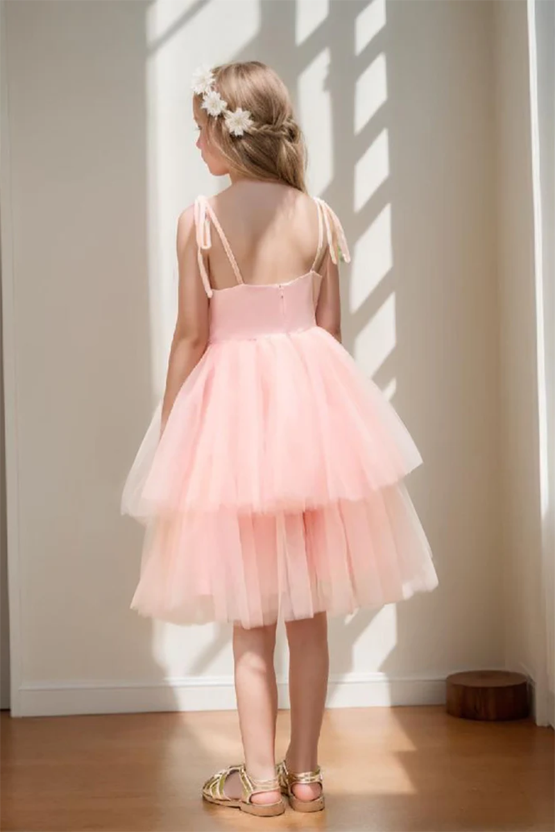Blush Pink Tiered Tulle Flower Girl Dress with Bow for Garden Weddings