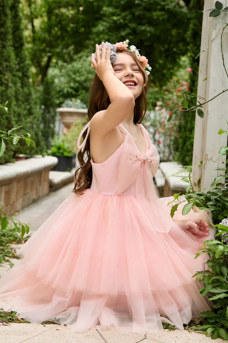 Blush Pink Tiered Tulle Flower Girl Dress with Bow for Garden Weddings