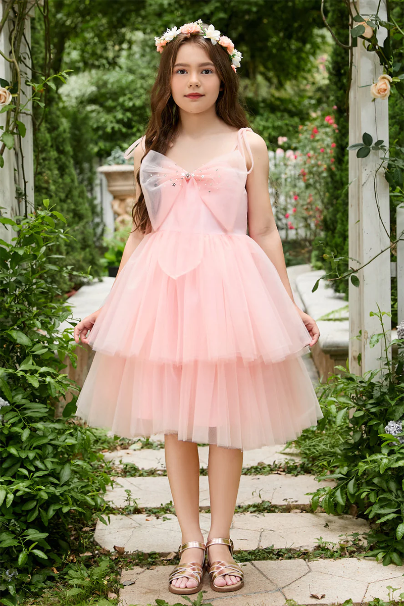 Blush Pink Tiered Tulle Flower Girl Dress with Bow for Garden Weddings