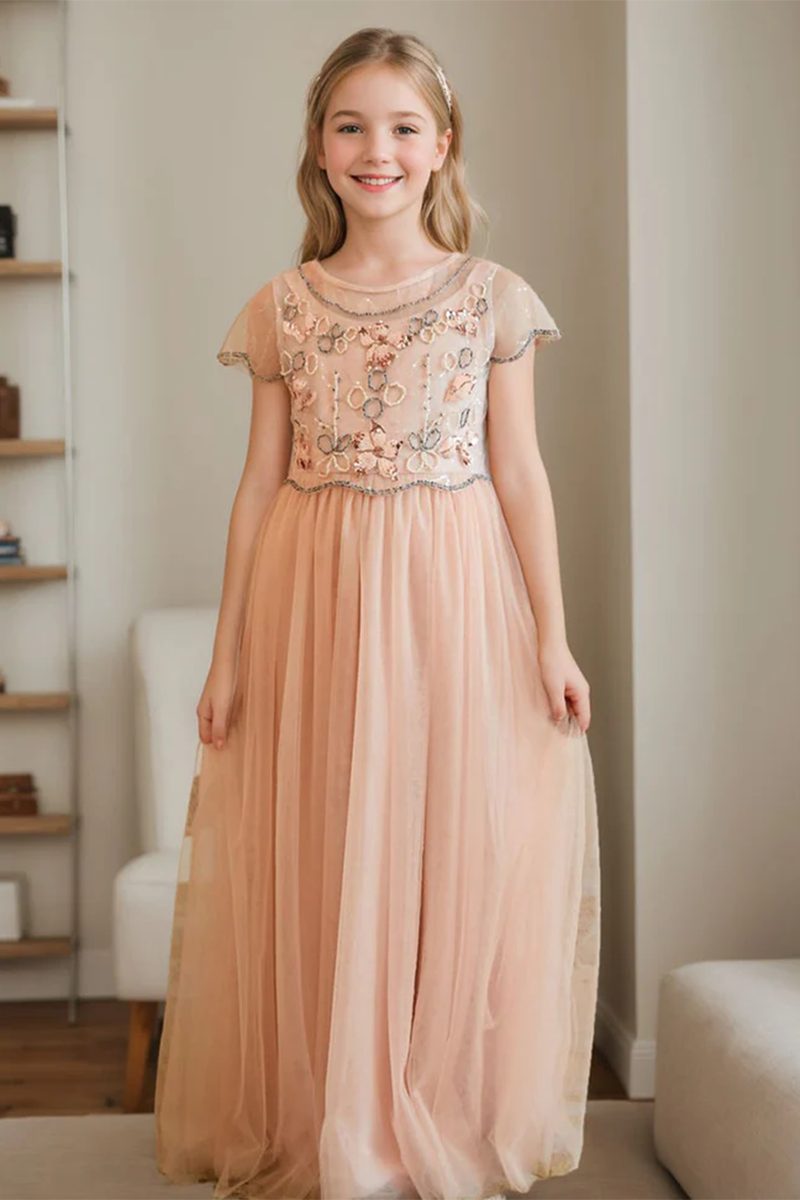 Blush Pink Sequin-Embellished Tulle Flower Girl Dress for Weddings