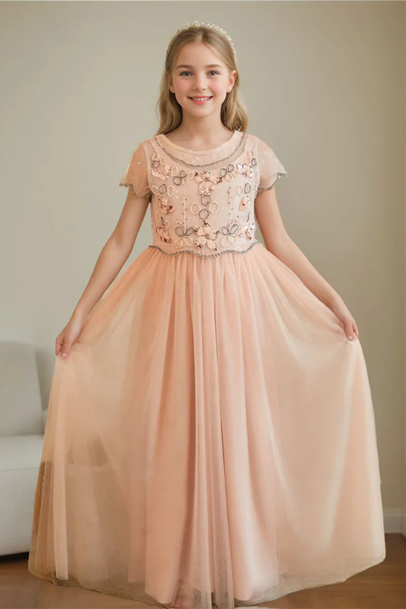 Blush Pink Sequin-Embellished Tulle Flower Girl Dress for Weddings