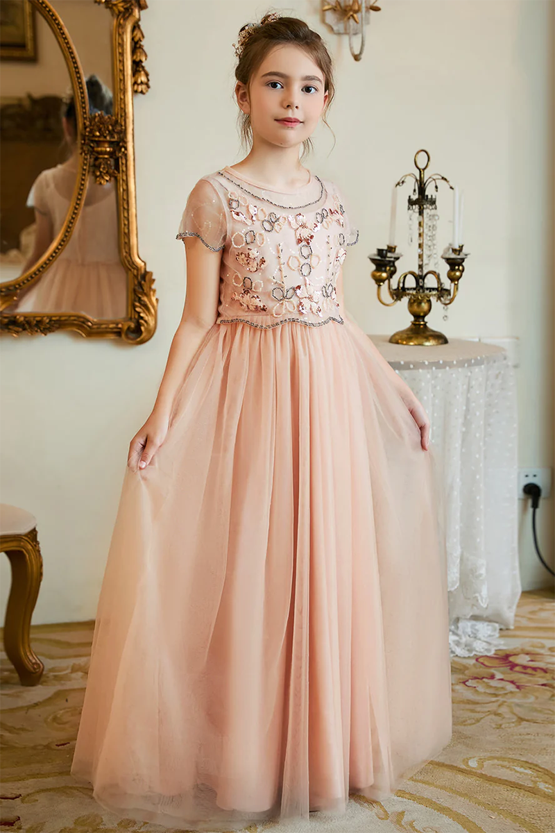 Blush Pink Sequin-Embellished Tulle Flower Girl Dress for Weddings