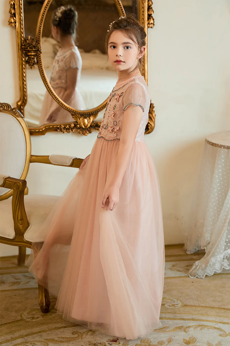 Blush Pink Sequin-Embellished Tulle Flower Girl Dress for Weddings