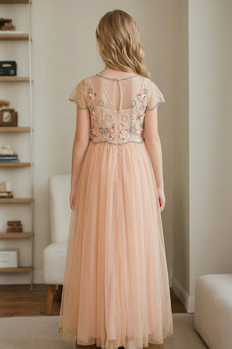 Blush Pink Sequin-Embellished Tulle Flower Girl Dress for Weddings