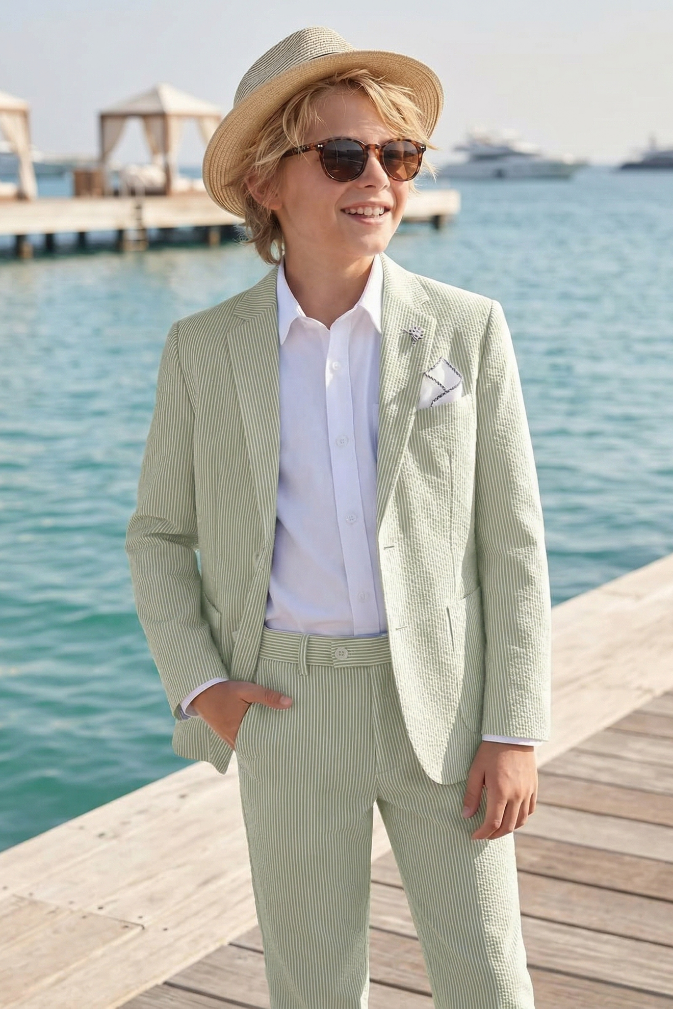 Light Green Striped Seersucker Single-Breasted 2-Piece Suit
