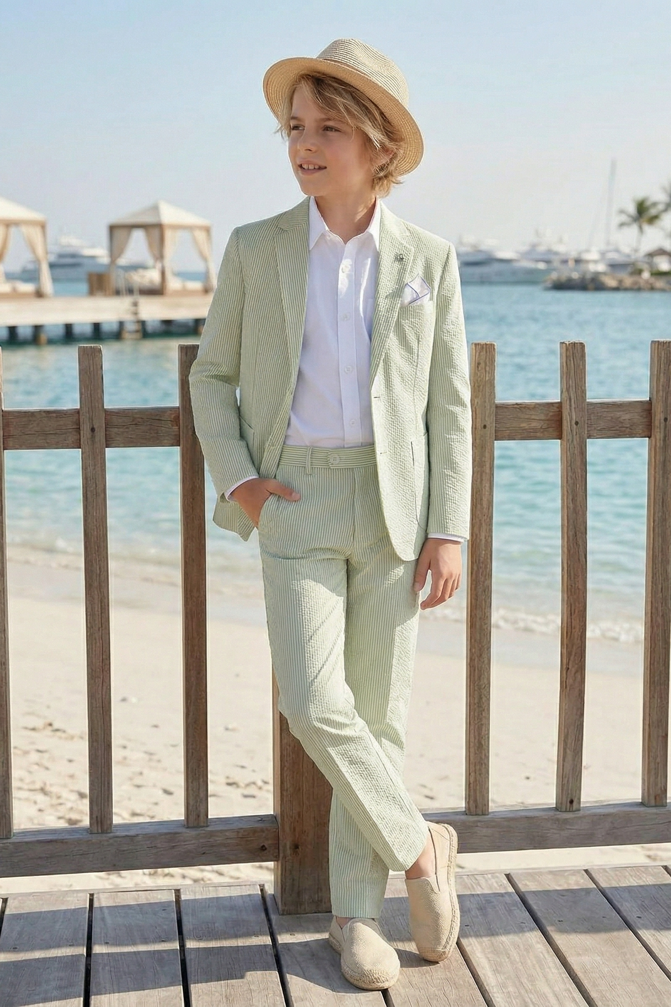 Light Green Striped Seersucker Single-Breasted 2-Piece Suit