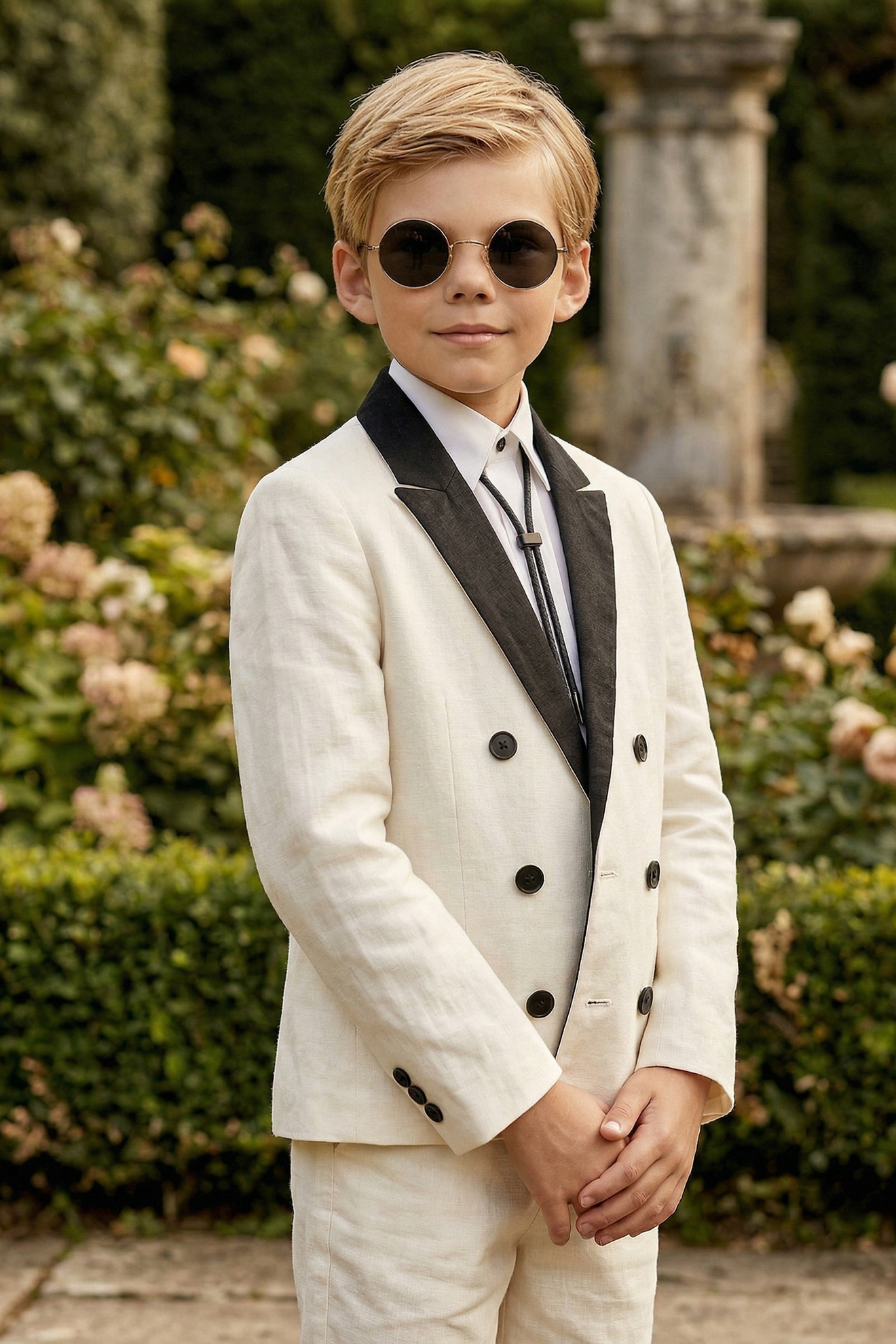 Black And White Cotton And Linen Blend Double-Breasted 2-Piece Suit