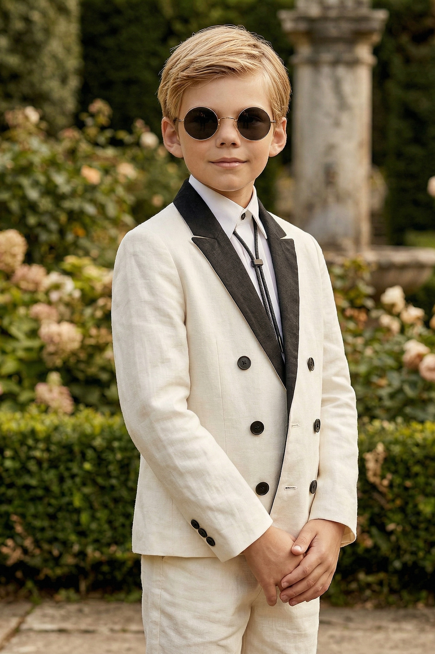 Black And White Cotton And Linen Blend Double-Breasted 2-Piece Suit