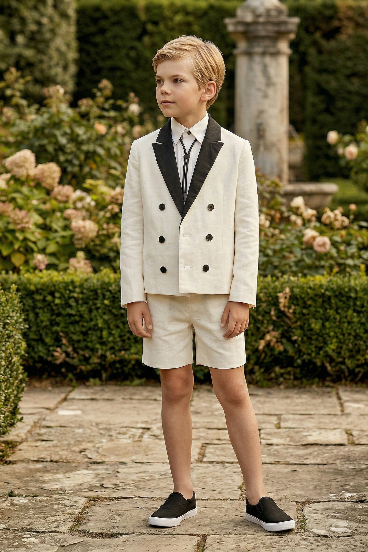 Black And White Cotton And Linen Blend Double-Breasted 2-Piece Suit