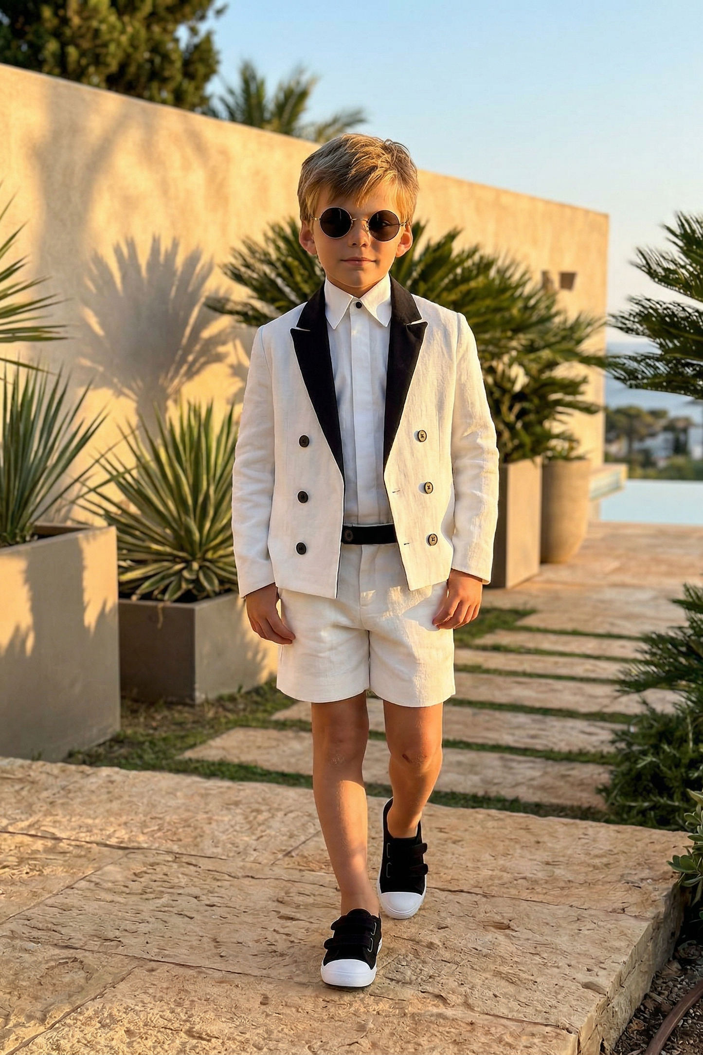 Black And White Cotton And Linen Blend Double-Breasted 2-Piece Suit
