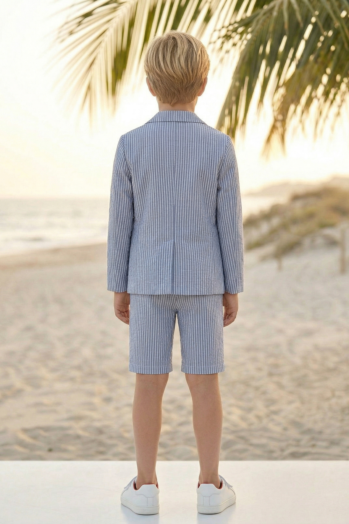 Dark Blue Striped Seersucker Single-Breasted 2-Piece Suit