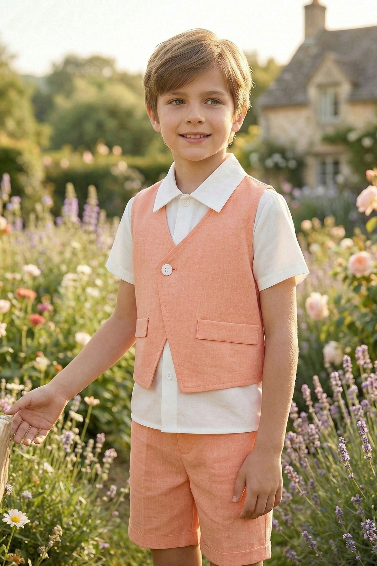 Light Orange Cotton-Linen Blend V-Neck Vest 2-Piece Set