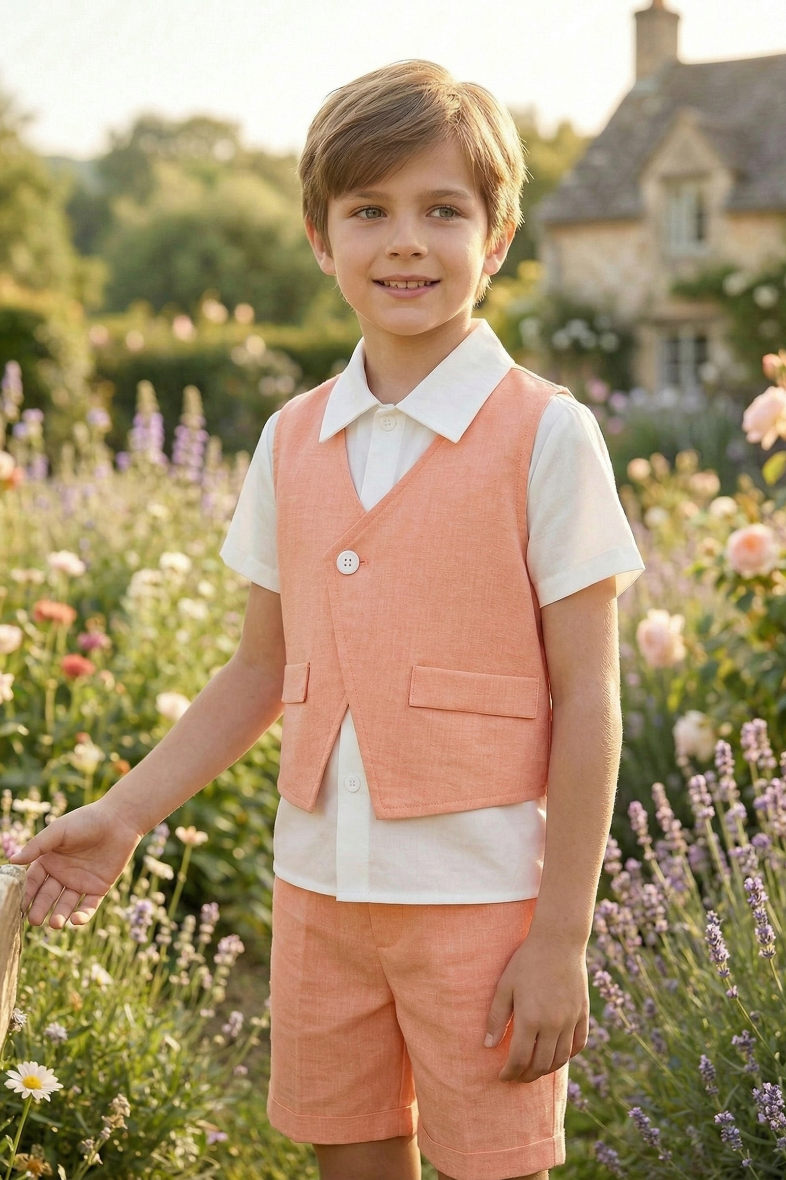 Light Orange Cotton-Linen Blend V-Neck Vest 2-Piece Set