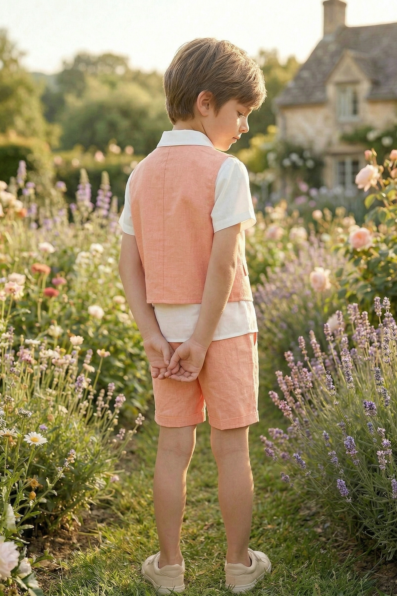Light Orange Cotton-Linen Blend V-Neck Vest 2-Piece Set