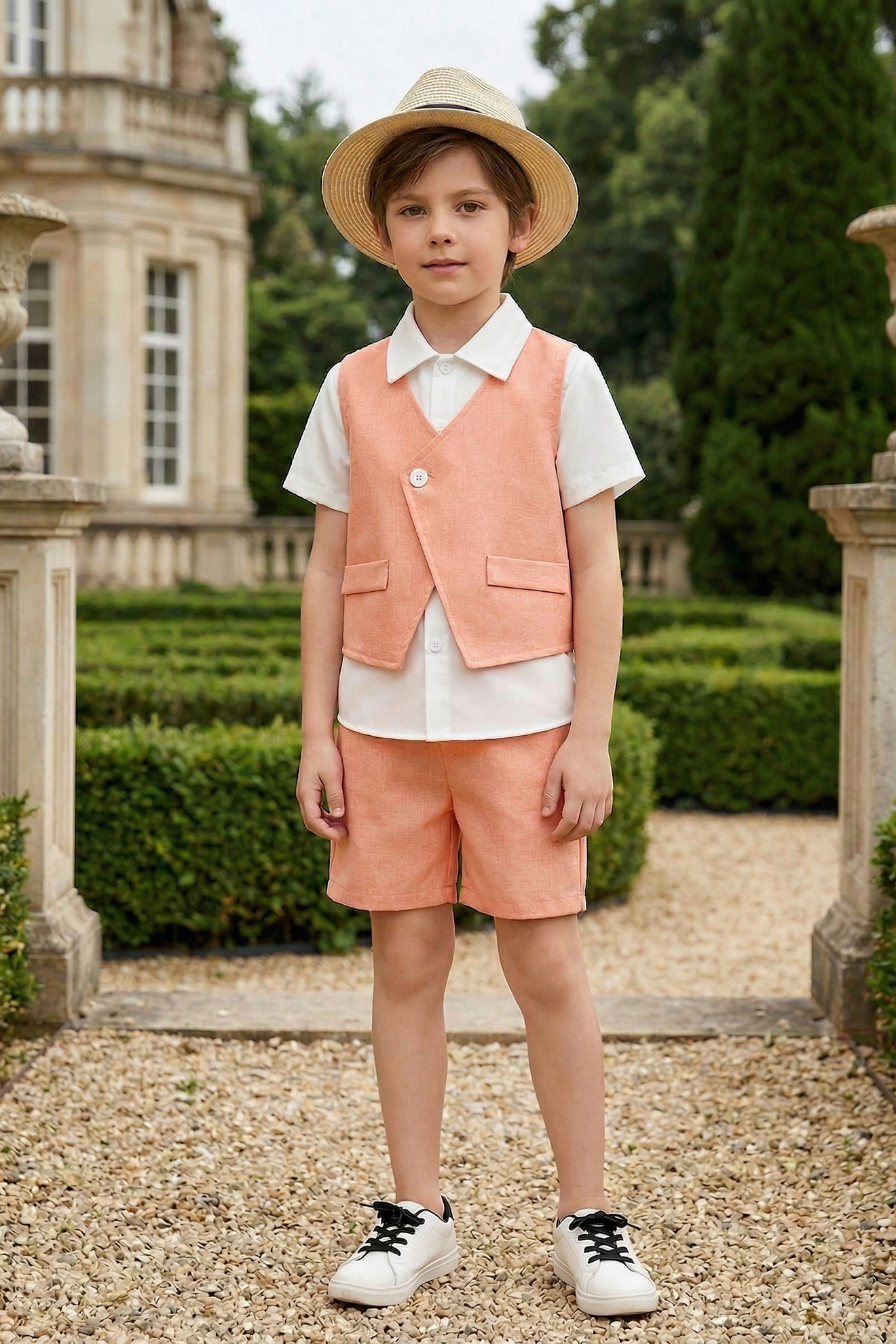 Light Orange Cotton-Linen Blend V-Neck Vest 2-Piece Set