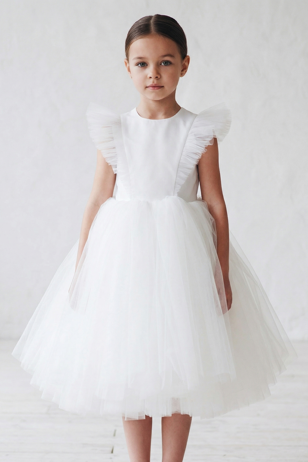 White Chiffon Mesh Round Neck Flutter Sleeve Dress